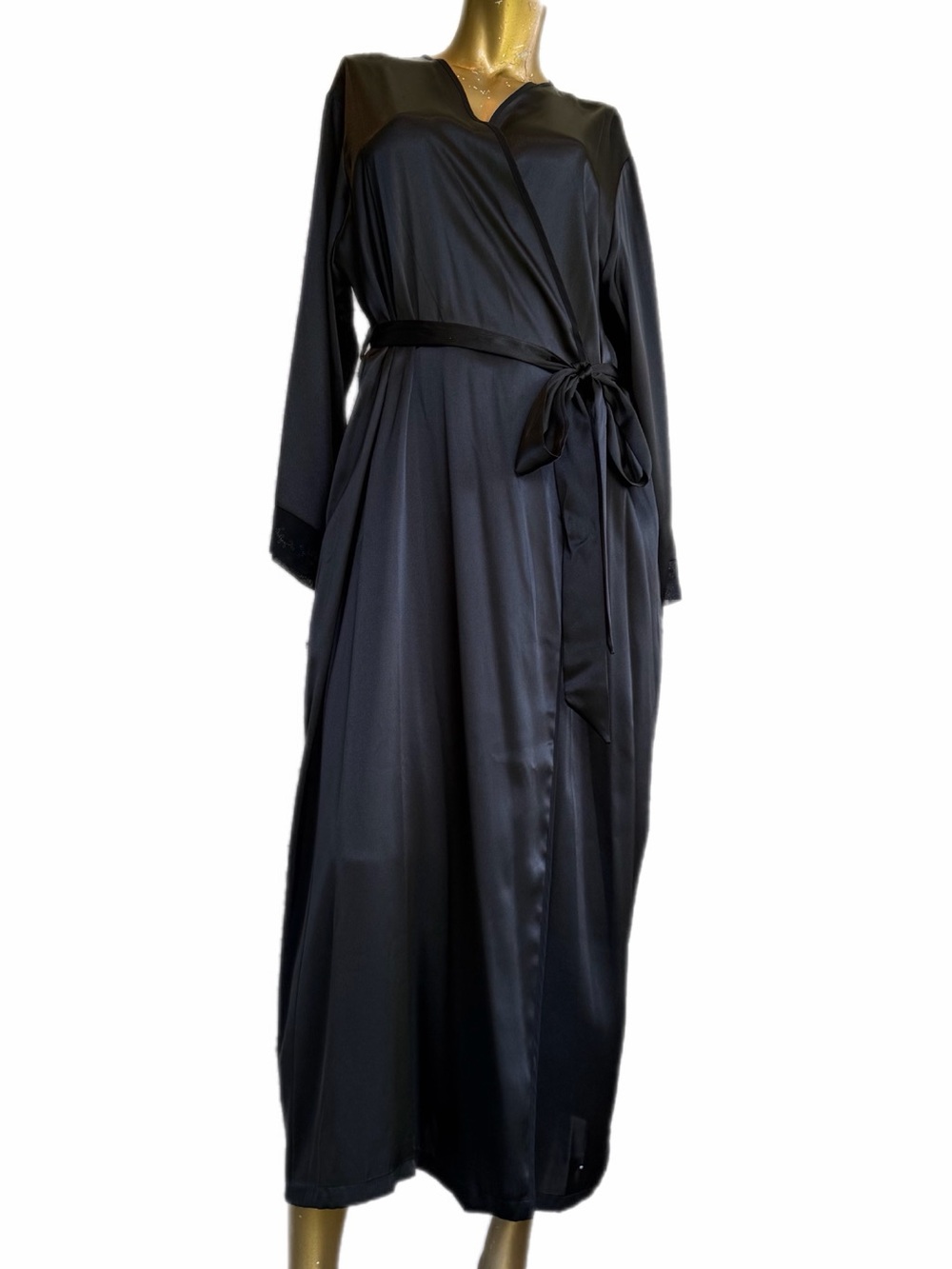 Jones New York Black Polyester Satin Maxi Robe attached sash embroidered Cuffs